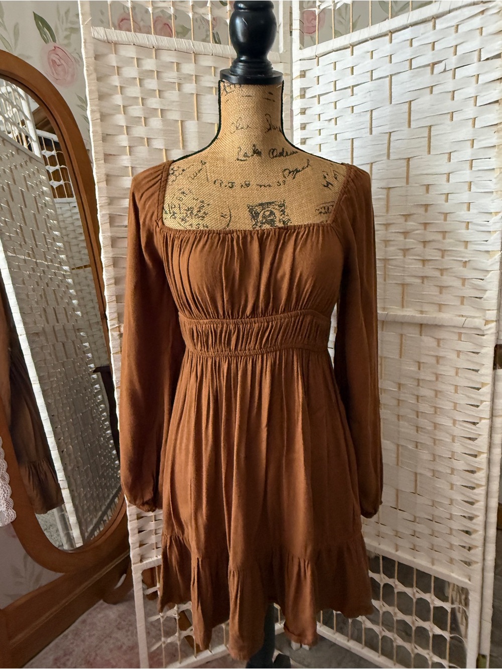 Brown Long-Sleeve Smocked Tunic